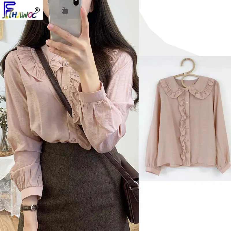 

Autumn Sprng Button Shirts Blouses Basic Ruffled Tops Women Preppy Style Sweet Girls Pink White Peter Pan Collar Blouse 9222