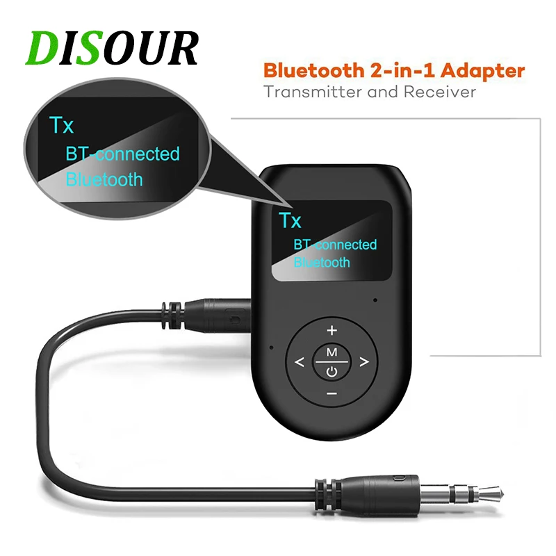 DISOUR with LCD Display 3-in-1 Bluetooth 5.0 Audio Receiver Transmitter 3.5MM AUX Jack Stereo USB Adapter Wireless Dongle for PC TV Car，Bluetooth tv Transmitter 