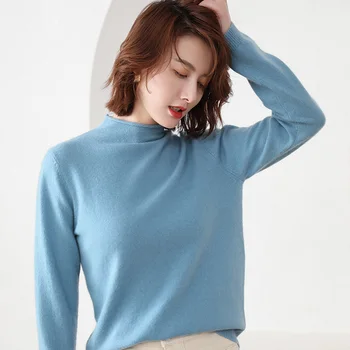 

High-end cashmere series classic cashmere sweater female half-high collar curling sleeve solid color sweater bottoming shirt