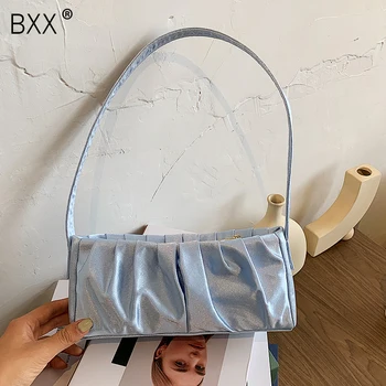 

[BXX] Solid Color Silk Shoulder Simple Bags For Women 2020 Autumn Design Plated Bag Ladies Travel Handbags and Purses HN906