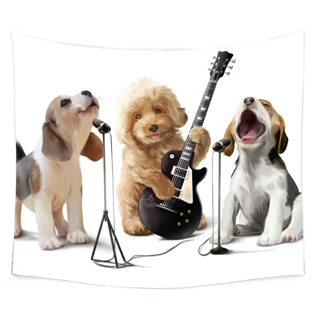 

Funny Smiling Indy Musician Pug Dog Playing Guitar and Sing Song Rock Roll Theme Tapestry
