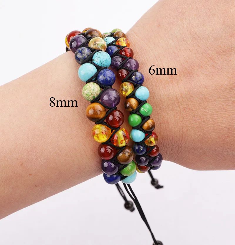 High Quality 7 Charka 8mm Stone Beads Double Layer Link Cord Bracelet Adjustable Woven Wrap for Women Men - Image 5
