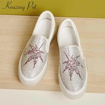 

Krazing Pot hot shiny crystal studded mixed colors cow leather slip on loafers shoes round toe thick bottom vulcanized shoes L05