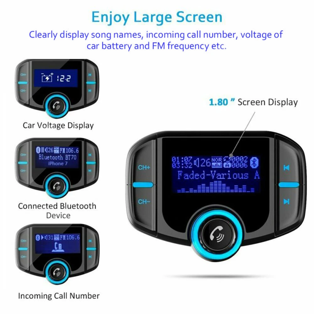 Авто черный Bluetooth fm-передатчик mp3-плеер Быстрая зарядка USB порт вольтметр