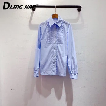 

LINGHAN 100% Cotton shirt Fashion Chest Folds Single-breasted Office Lady shirt Tops Designer Women's New