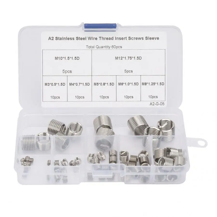 

Stainless Steel Insert For Hardware Repair Tool 60pcs M3-M12 Coiled Wire Thread Insert Stainless Steel Thread Screws Sleeve Set
