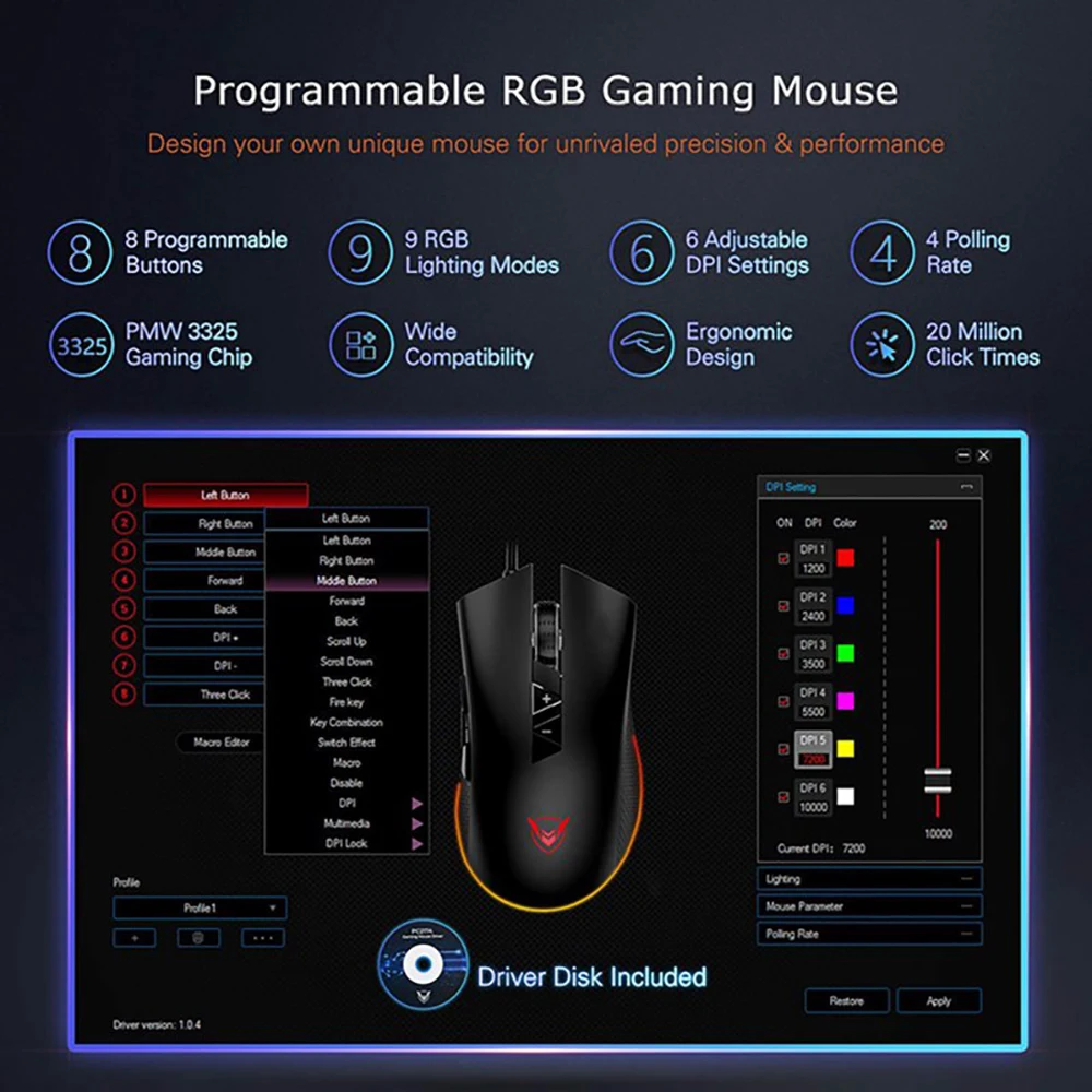 VicTsing модернизированная игровая мышь 10000 dpi Регулируемая 8 программируемых режимов RGB Backlitghts эргономичные Оптические мыши с огненной кнопкой