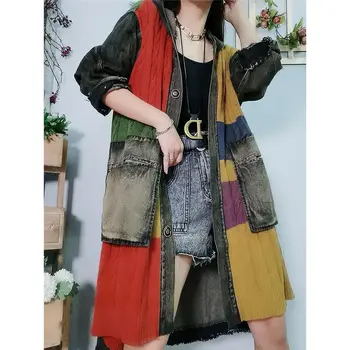 

Fall 2020 Women Korean Style Plus Size Denim Jacket Loose Long Knitted Spliced Hooded Oversized Jean Jacket Female Denim Coats