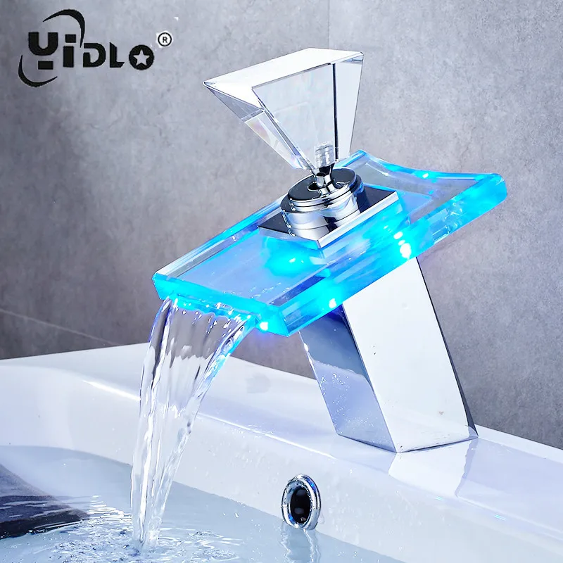 

Led Light Basin Faucet Bathroom Waterfall Taps Temperature Change Color Single Hole Deck Mounted Water Sink Tap Bathroom Faucet