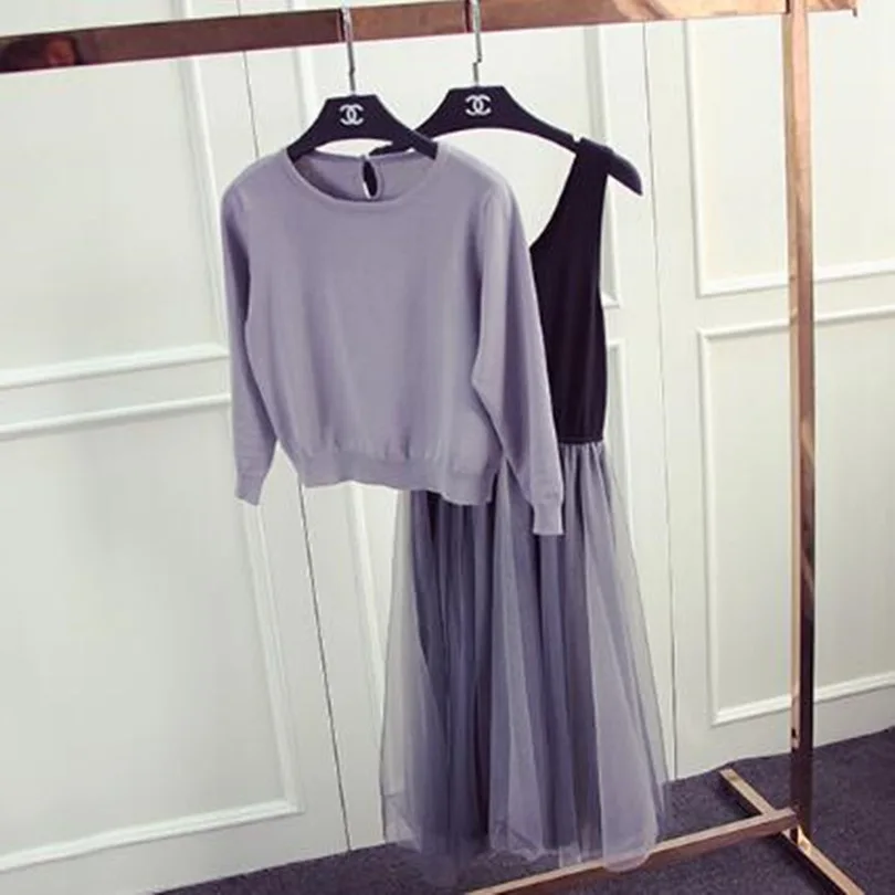 

TYHRU Autumn Knit Long Sleeve Tops + Stitching Tutu Mesh Dress Two-piece Set