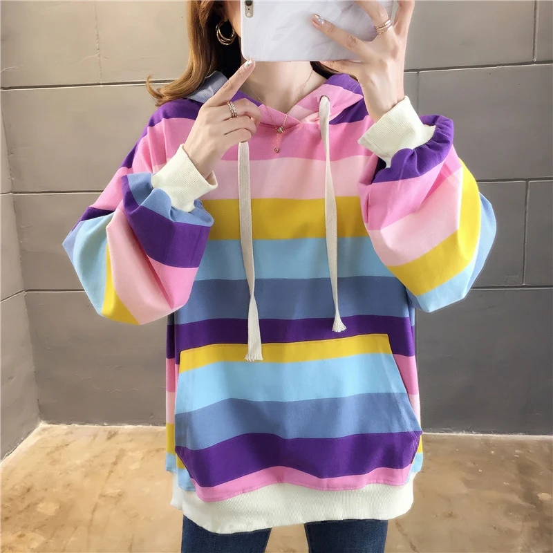 

Sweatshirts Women Rainbow Striped Pink Fleece Femme Gown With A Hoodies Long Sleeve Casual Hooded Pullover Autumn Winter Clothes