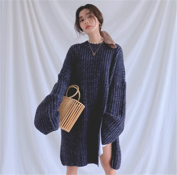 dark blue RUGOD, корейский, ins, раздельный, длинный свитер, женский, модный, Круглый ворот, рукав летучая мышь, негабаритный, вязанный, для женщин,, Повседневный, Однотонный свитер - Цвет: dark blue