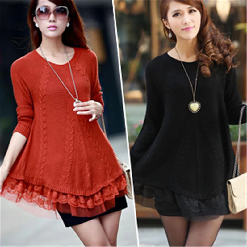 Women's Spring Autumn Knitting Pullovers Sweaters Female Lace Hem O-neck Sweaters