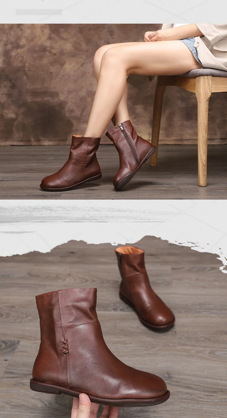 Flat Boots Women Shoes Ankle Boots Genuine Leather Shoes Snow Boots Round Toes Handmade Vintage Short Plush Female Warm Boots