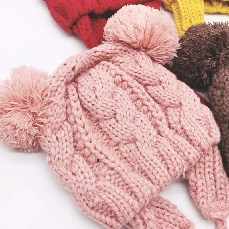 Зимняя Повседневная модная шапка для новорожденных; милые теплые детские шапки для мальчиков и девочек; вязаные шерстяные шапки с помпонами; шапки-бини