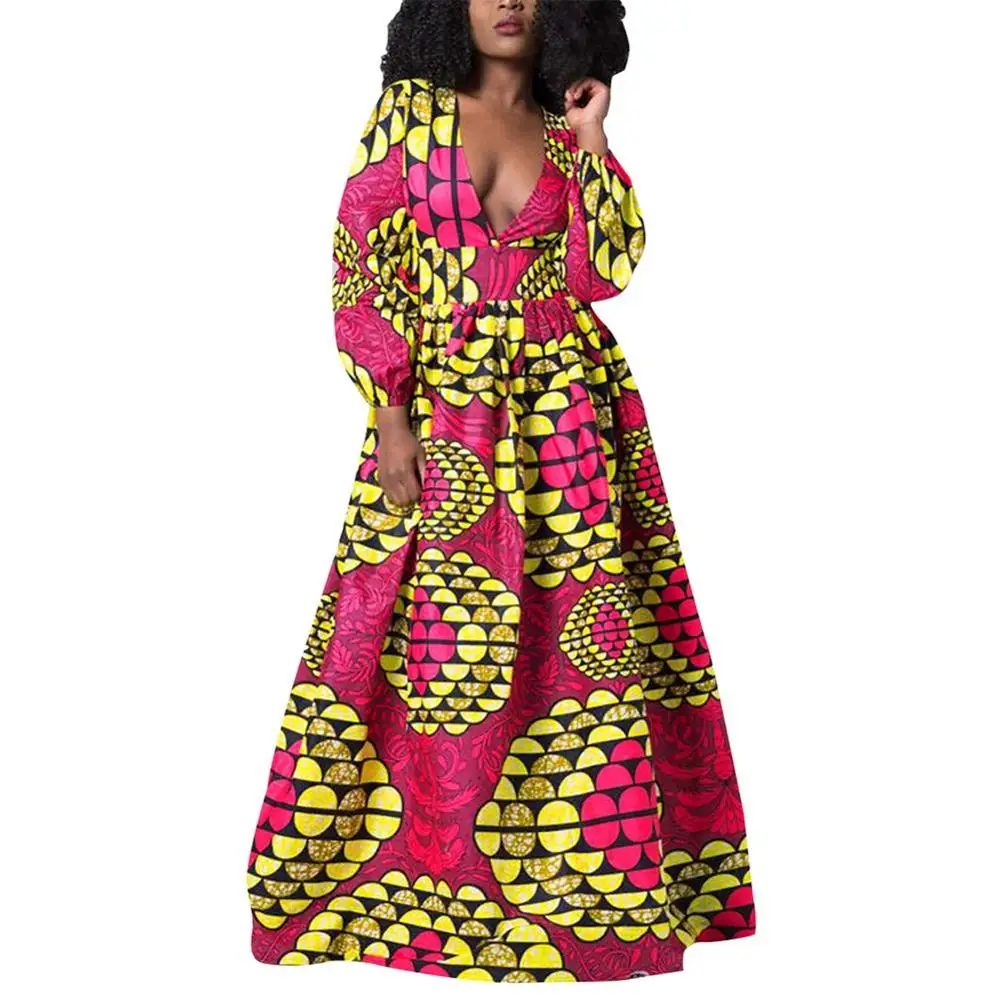 Fadzeco, элегантные африканские платья, Дашики, принт, v-образный вырез, длинное платье, Vestidos, вечерние, стильные, Базен Риш, Осеннее, модное, сексуальное платье - Color: M01