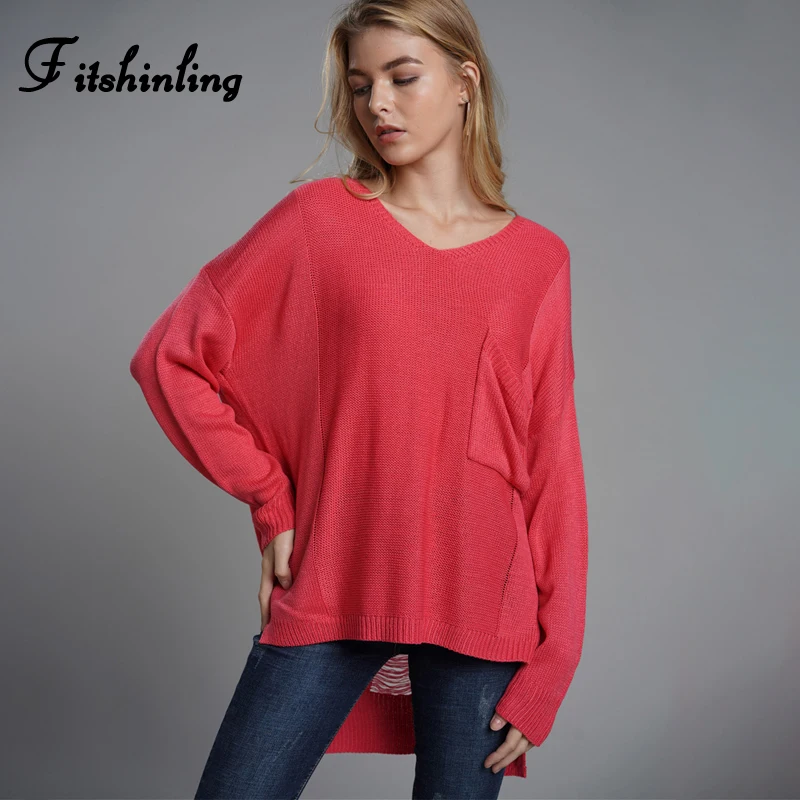 

Fitshinling Ripped Irregular Sweater Women Knitting Clothing Pocket Long Pullovers Solid V Neck Winter Sweaters Jumpers Female