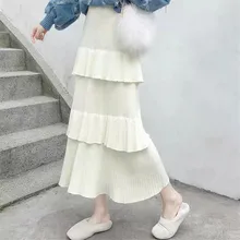 Женский толстый свитер, юбка, зима, высокая талия, складка, миди, Вязанная, плиссированная юбка, женская, одноцветная, элегантная, вязаная юбка для женщин