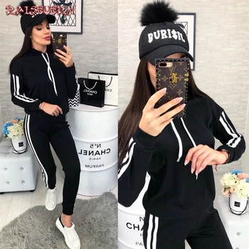 

Women's Sets Sportswear 2 Piece Set Workout Casual Pants 2 Piece Hooded Hoodies Sweatshirt Striped Trousers Set Winter Tracksuit