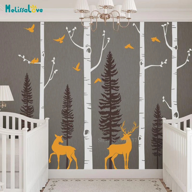 

Forest Birch Tree Wall Decal with Deer Baby Nursery Home Decoration Living Room Self-adhesive Cool Art Poster Vinyl BB746