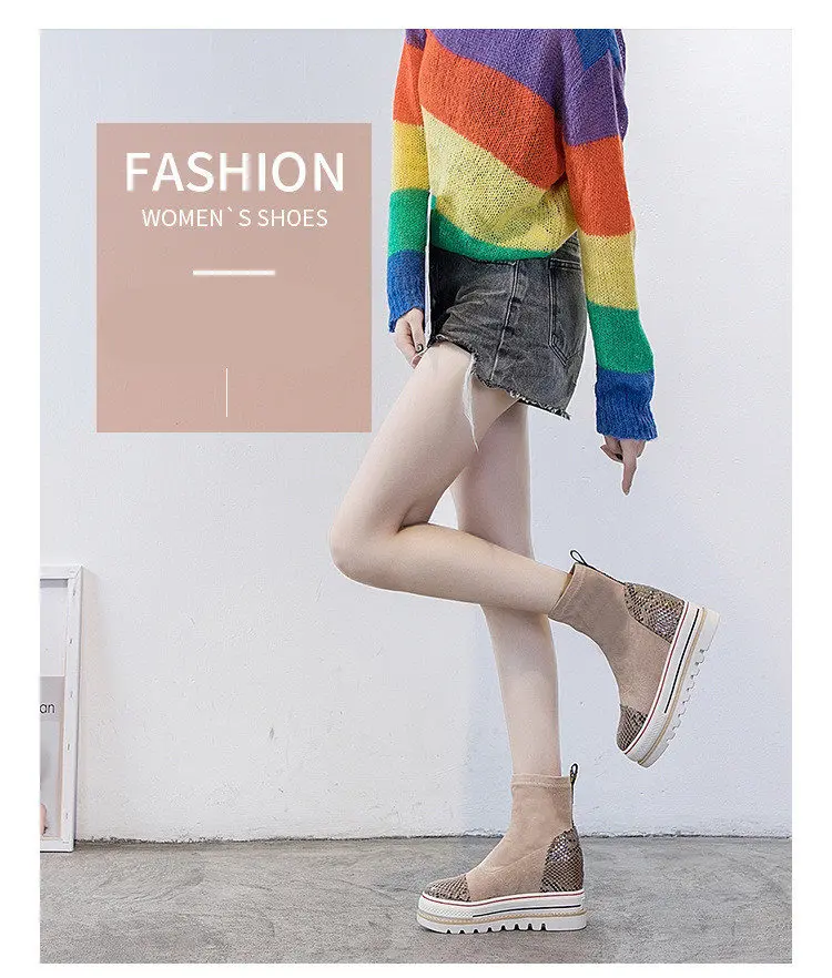 Boots Women Mid-calf Flock Black Beige Rubber Boots For Women Fashion Vintage Serpentine Pattern Warm Winter Flat Platform Shoes