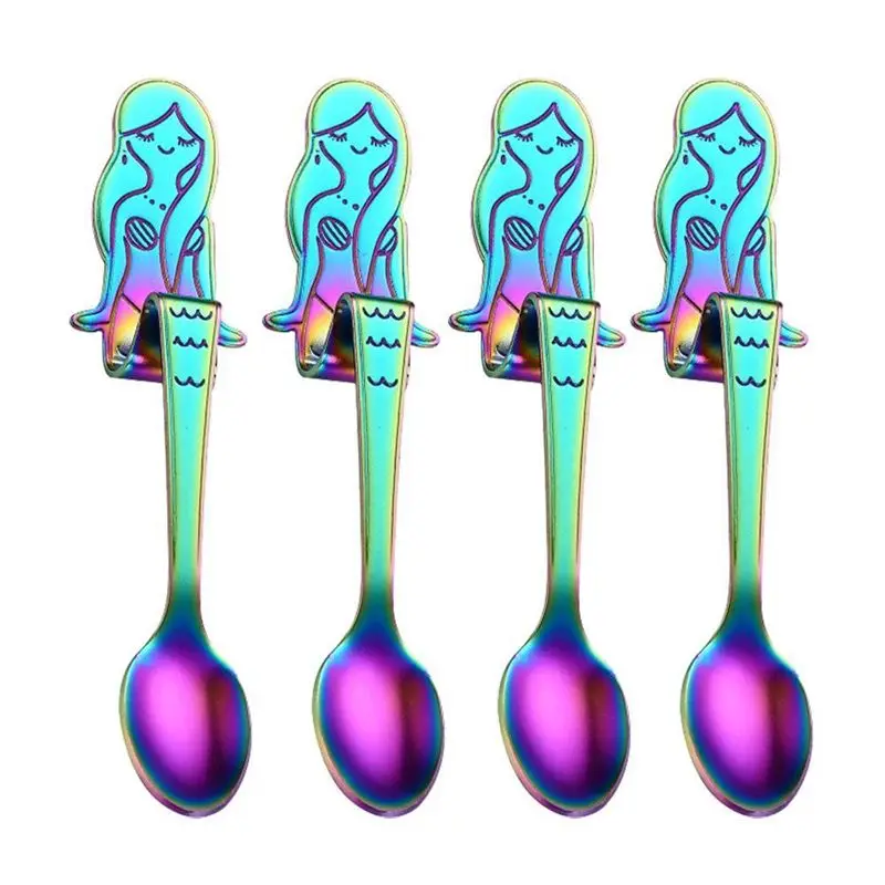 

4 pcs Stainless Steel Dessert Spoons,Mermaid Spoon Hanging Coffee Spoon Teaspoon Sugar Spoon Ice Cream Spoon