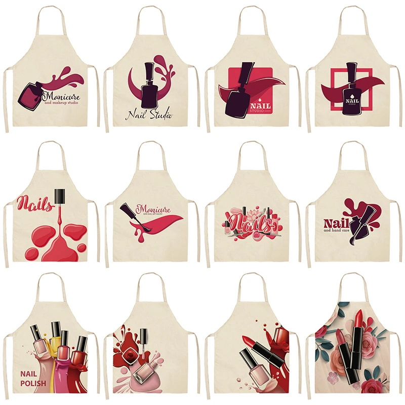 Nail Polish Lipstick Kitchen Aprons For Women Cotton Linen Bibs Household Cleaning Pinafore Home Cooking Apron 53*65cm WQL0179