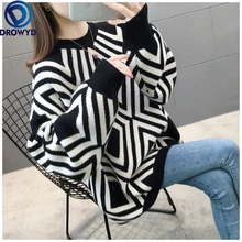 

Autumn Winter Retro Diamond Striped Knitted Sweater Pullover Fashion Loose Korean Style All-match Outerwear Lady Blouse Sweaters