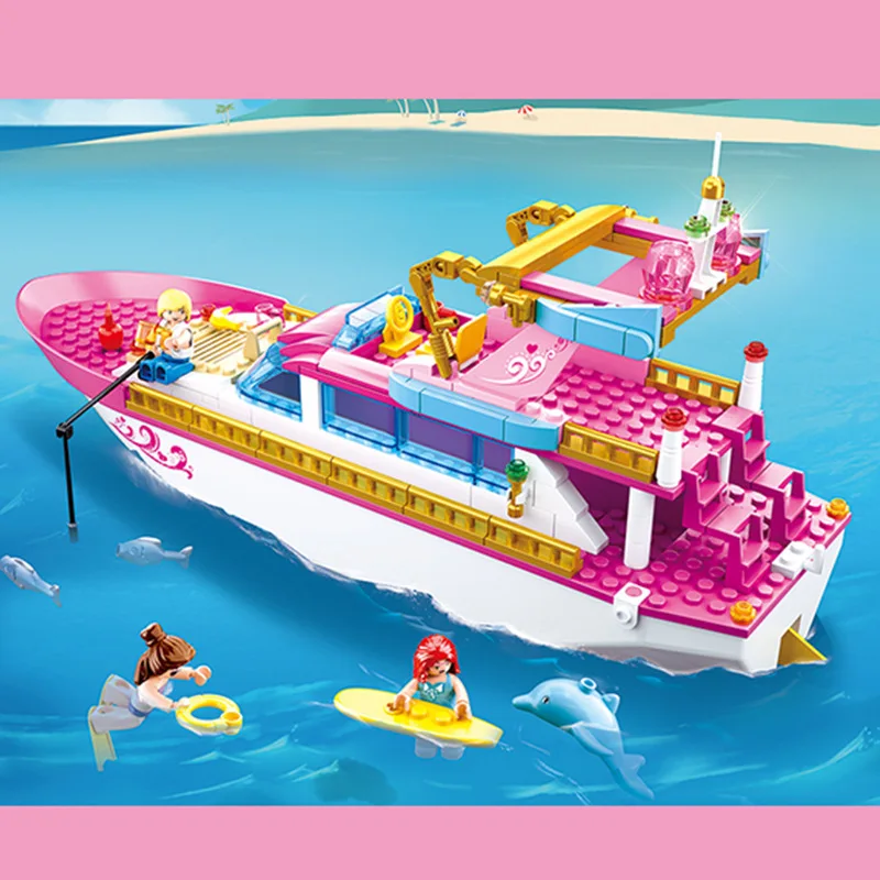 

Small Luban 0722 Holiday Yacht Pink Dream Dolphin Bay Educational Assembled Building Blocks Toy