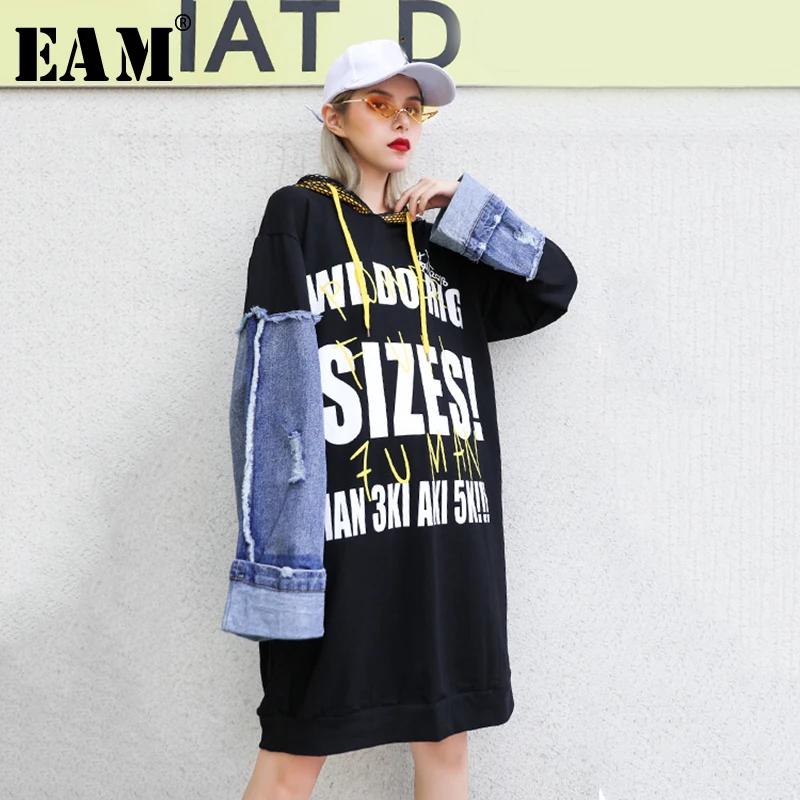 

[EAM] Loose Fit Print Denim Spliced Hit Color Sweatshirt New Hooded Long Sleeve Women Big Size Fashion Autumn Winter 2019 1A943