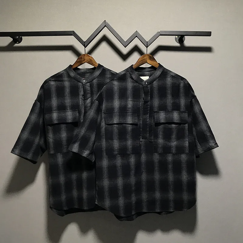 

Trendy Brand Design Fashion Classic High Street Henry Collar Half Open Button Pocket Plaid Half Sleeve Men Pullover Shirt