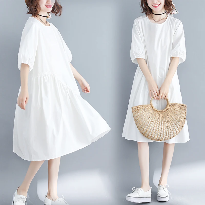 

White plus size pleated dress O Neck Dresses Women Fashion Asymmetrical Dress Women Elegant Poplin Dresses Female Ladies