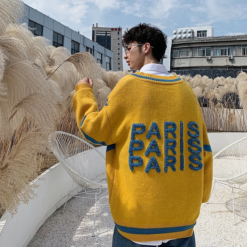 

2019 Winter New Korean Version Of The Color Flocking Tide Male Loose V-neck Pullover Knit Student Casual Sweater