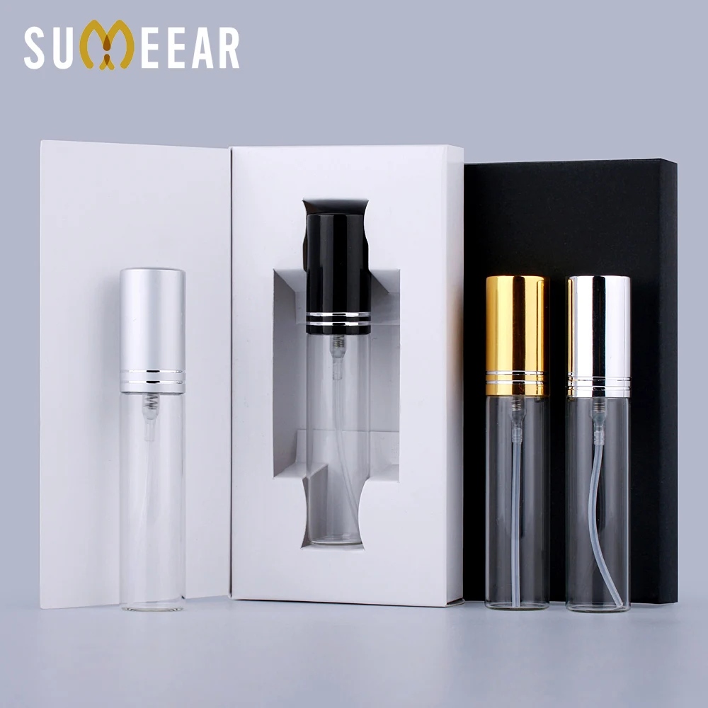 50 Pcs Lot 10ml Spray Perfume Bottle Black And White Box Portable Aluminum Sprayer Gift Perfume Sample