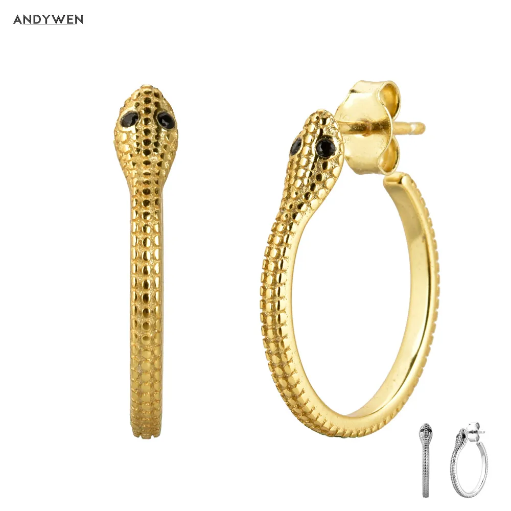 ANDYWEN 925 пробы Серебряное золото животное змея кольца для женщин 17 мм большие петли