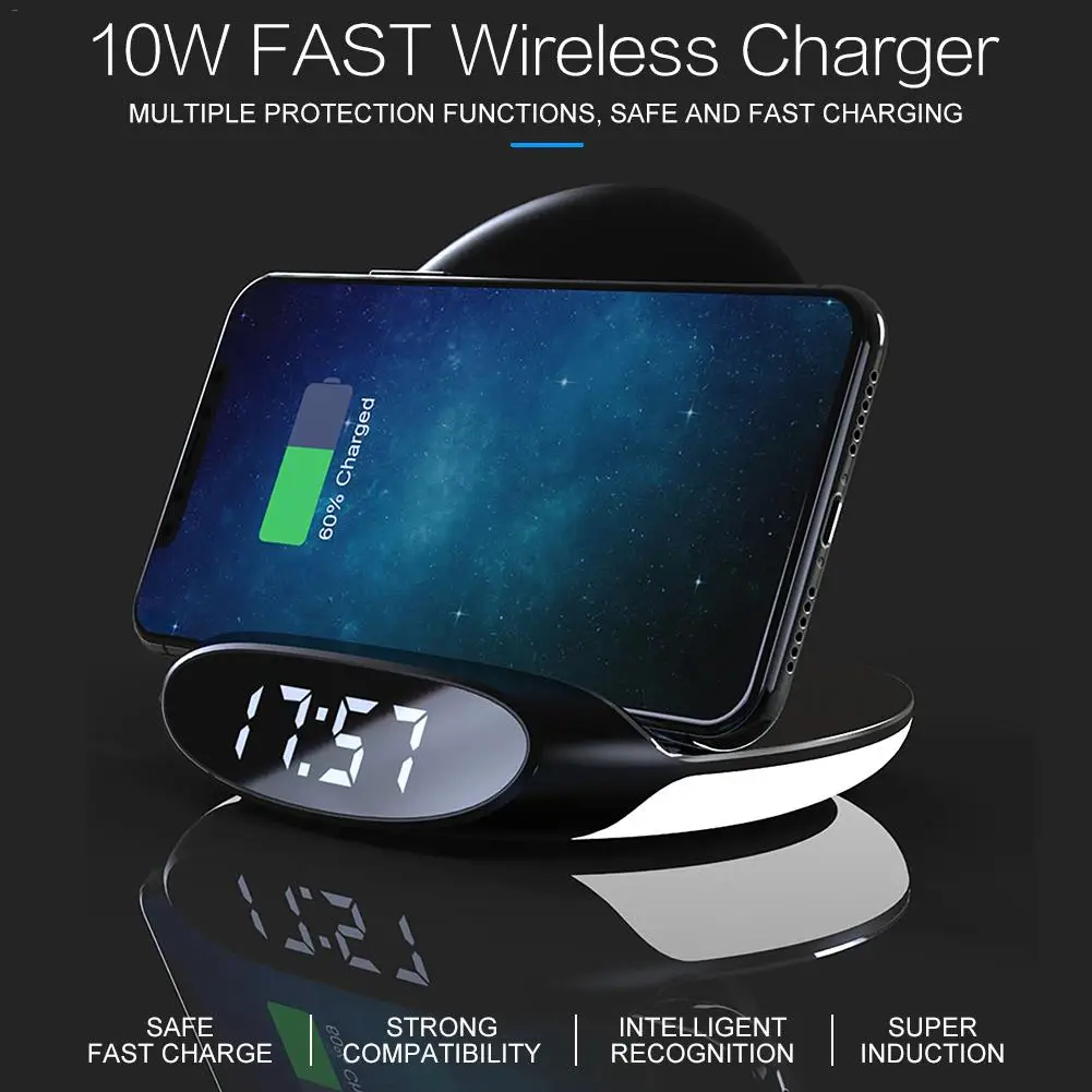 

New Foldable Smart Phones Wireless Charger Alarm Clock 10w QI Fast Charging Room Office Bedroom For IPhone 8 Plus Samsung Xiaomi