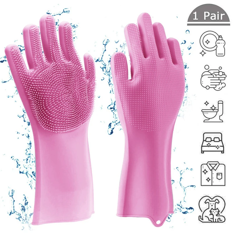 Pet Care Bathroom Bed Room A Pair Household Dishwashing Waterproof Gloves with Wash Scrubber Reusable Silicone Eco-Friendly Scrubber Cleaning Gloves for Kitchen 