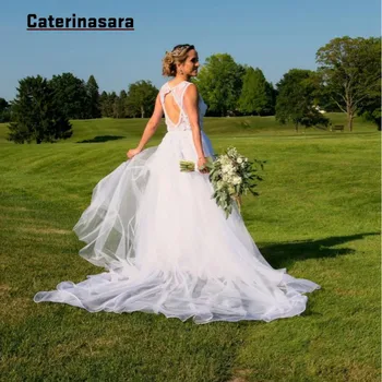 

Lace Applique V-neck Open Back Sleeveless Tulle A-line Wedding Dress for Bride Custom Made Plus Size