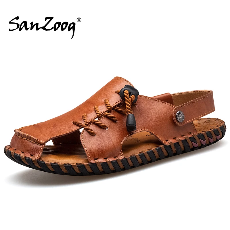 Leather Sandals Men Summer Casual Slip On Big Size 47 48 2021 Beach Breathable Soft Comfortable Flat Shoes Sandalias Hombre