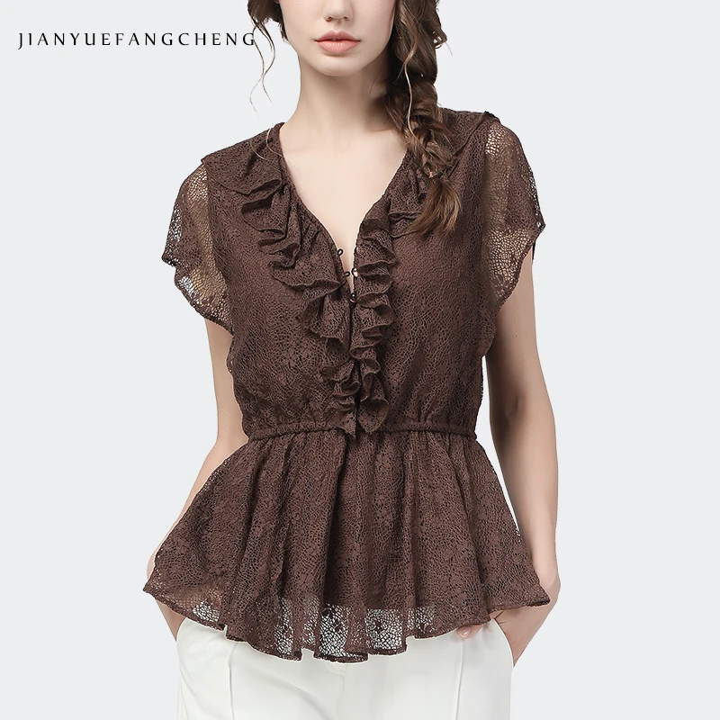 

Fashion Hook Flower Hollow Out Lace Top Ladies Spring Summer V-Neck Slim Short Sleeve Ruffles Blouses Brown Elastic Spliced Tops