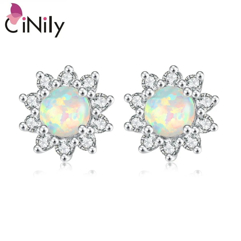 Женские серьги гвоздики CiNily с фианитом и зеленым огненным опалом из