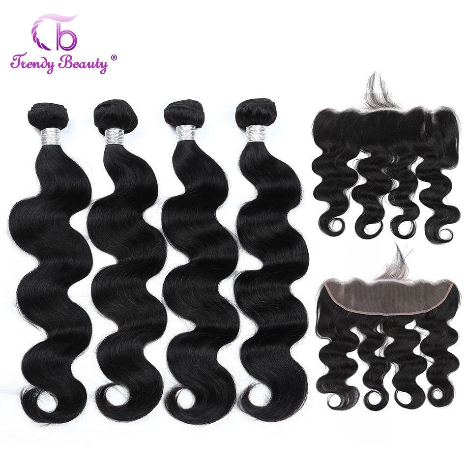 

Peruvian Body Wave Bundles With Lace Frontal 13x4 inches Pre-plucked 100% Human Hair Non-remy Bundles With Frontal Trendy Beauty