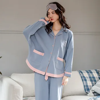 

Spring and Autumn New Pajamas Woman sleepwear Cotton Lapel Cardigan Simple Loose Home Service Two-piece pyjamas women пижама