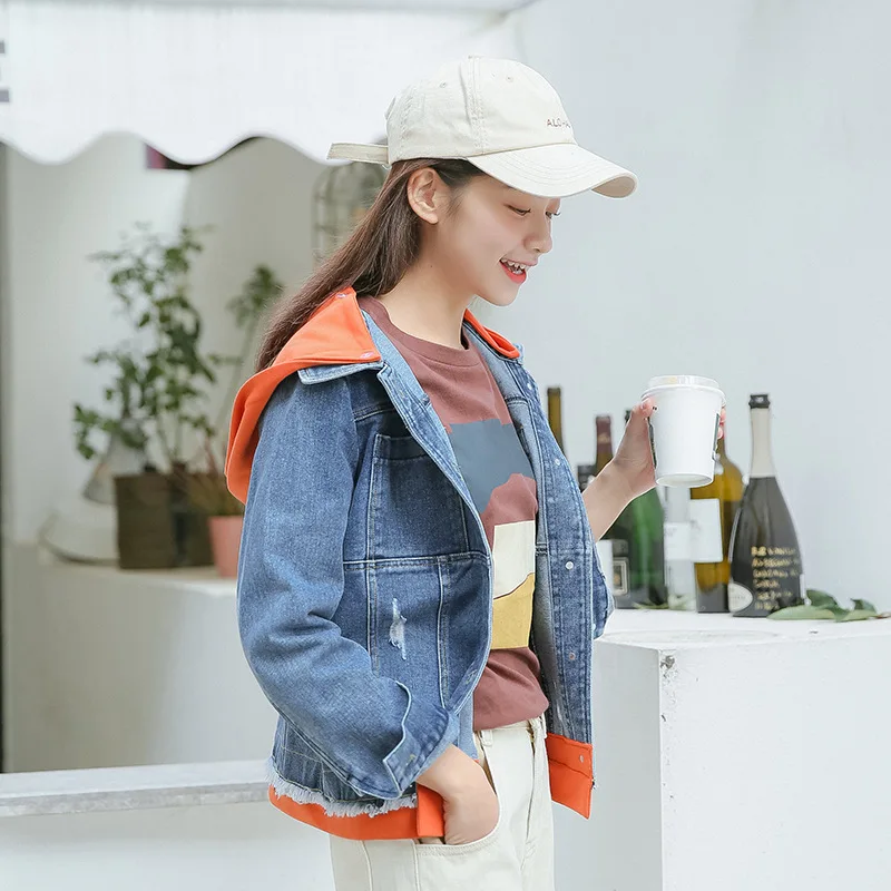 

Jeans Coat Women's 2019 Early Spring INS New Style Loose-Fit Short Hooded Casual Stitching Jacket
