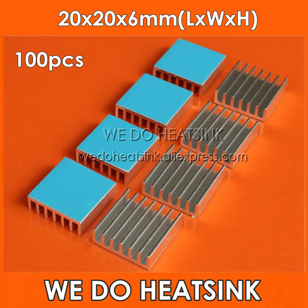 

WE DO HEATSINK 100pcs 20x20x6mm Aluminum Cooling Cooler Heatsinks With Blue Thermal Conductive Adhesive Tape Sticky