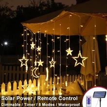 Aliexpress - Solar Remote Control LED Curtain Lights with Stars Moons 8 Modes with Timer Dimmer Waterproof for Gardens Christmas Led Lights