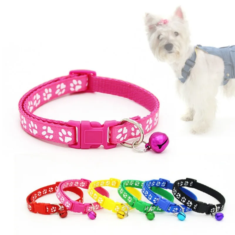 

Puppy Kitten Cat Dog Strap Buckle Pet Collar Nylon Fabric Footprint Pattern Dog Collar with Bell Pet Supplies