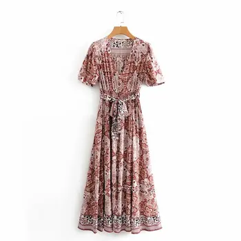 

2020 new Spring Summer European Quadrilateral Printing Lace up zaraing women Dress sheining vadiming female dress Dfj8599
