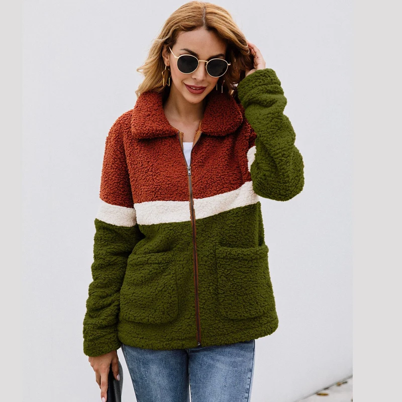 Ideal  Lossky Women Autumn Winter Plush Jacket Coats Long Sleeve Flannel Warm Outwear Female New Patchwork