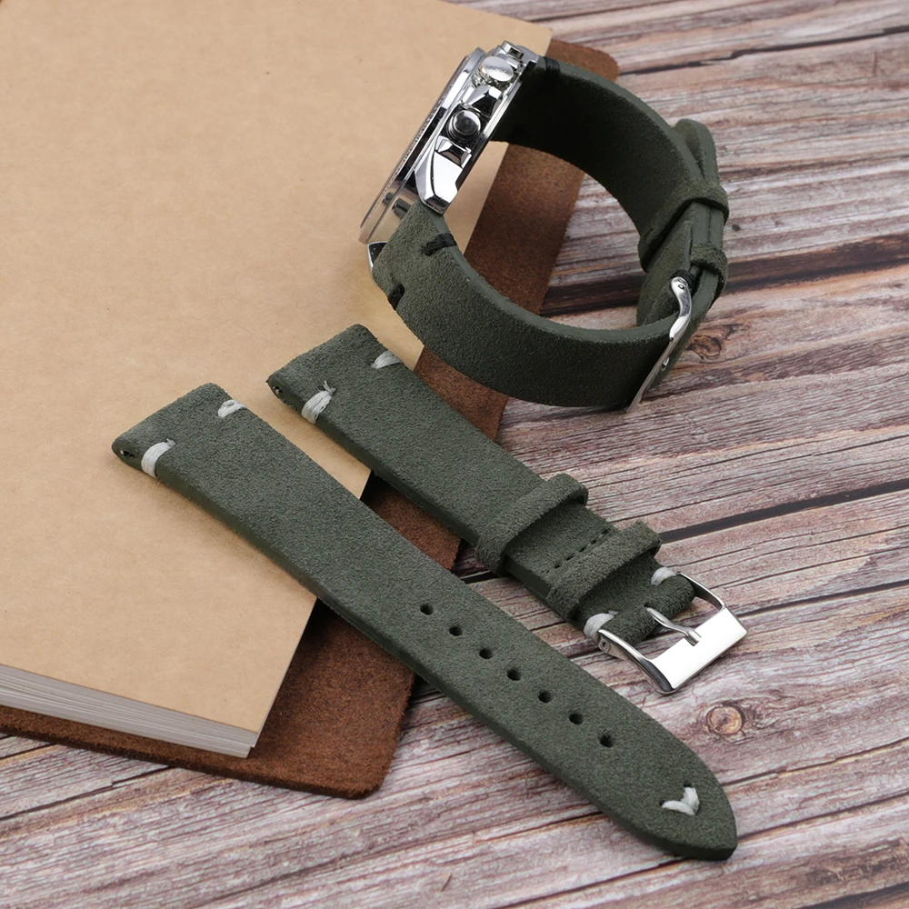 Onthelevel Handmade Dark Green Suede Leather Watch Strap Bands 18mm